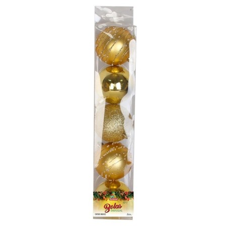 Kit Enfeite Pendente 5 Bolas De Natal Lisa Glitter Decorada Dourada N°7