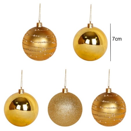 Kit Enfeite Pendente 5 Bolas De Natal Lisa Glitter Decorada Dourada N°7