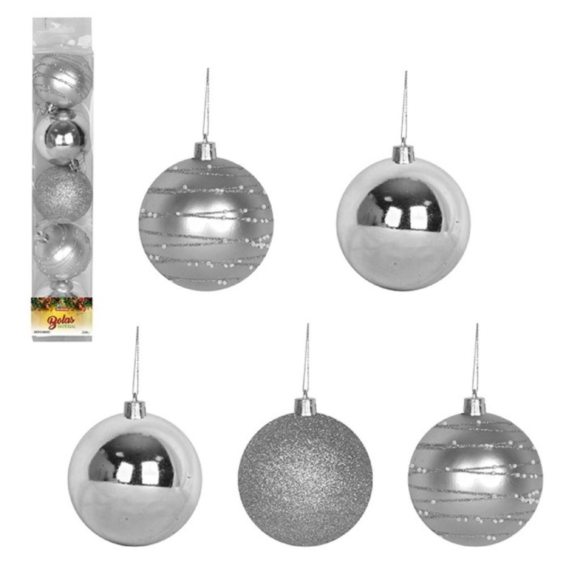Kit Enfeite Pendente 5 Bolas De Natal Lisa Glitter Decorada Prata N°7