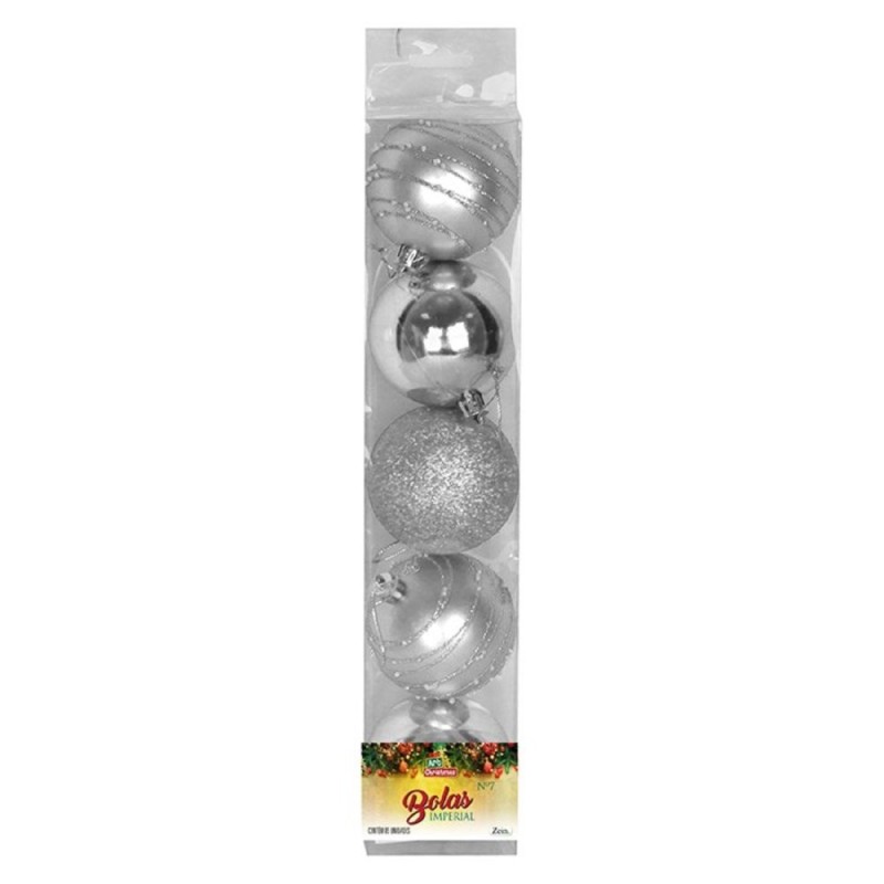 Kit Enfeite Pendente 5 Bolas De Natal Lisa Glitter Decorada Prata N°7