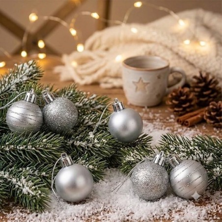 Kit Enfeite Pendente 5 Bolas De Natal Lisa Glitter Decorada Prata N°7
