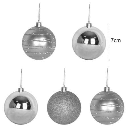 Kit Enfeite Pendente 5 Bolas De Natal Lisa Glitter Decorada Prata N°7