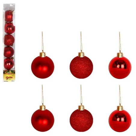 Kit 6 Bolas de Natal N°5 Vermelhas Lisa Glitter Fosca Enfeite Pendente