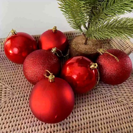 Kit 6 Bolas de Natal N°5 Vermelhas Lisa Glitter Fosca Enfeite Pendente 2