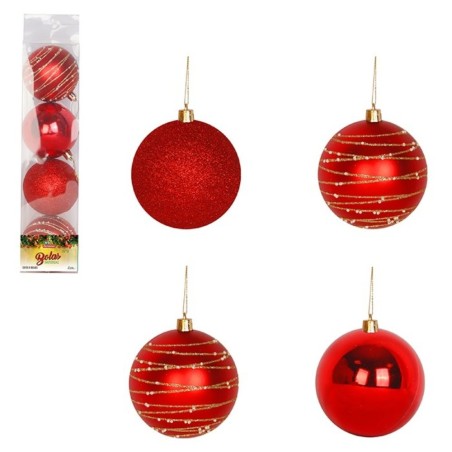 Kit 4 Bolas de Natal Nº 8 Vermelhas Lisa Glitter Decorada Enfeite