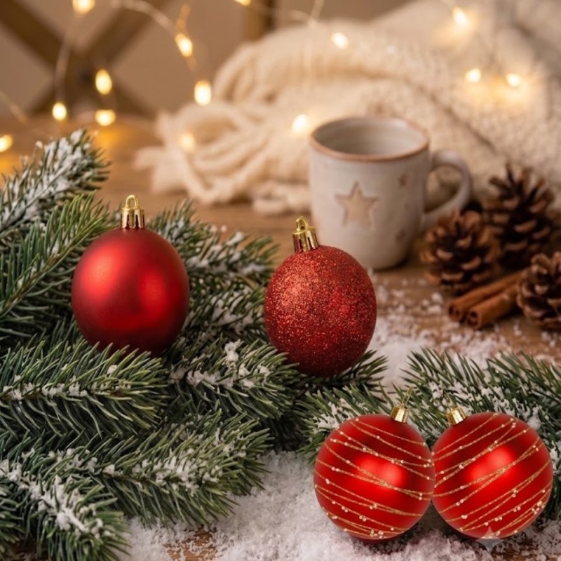 Kit 4 Bolas de Natal Nº 8 Vermelhas Lisa Glitter Decorada Enfeite