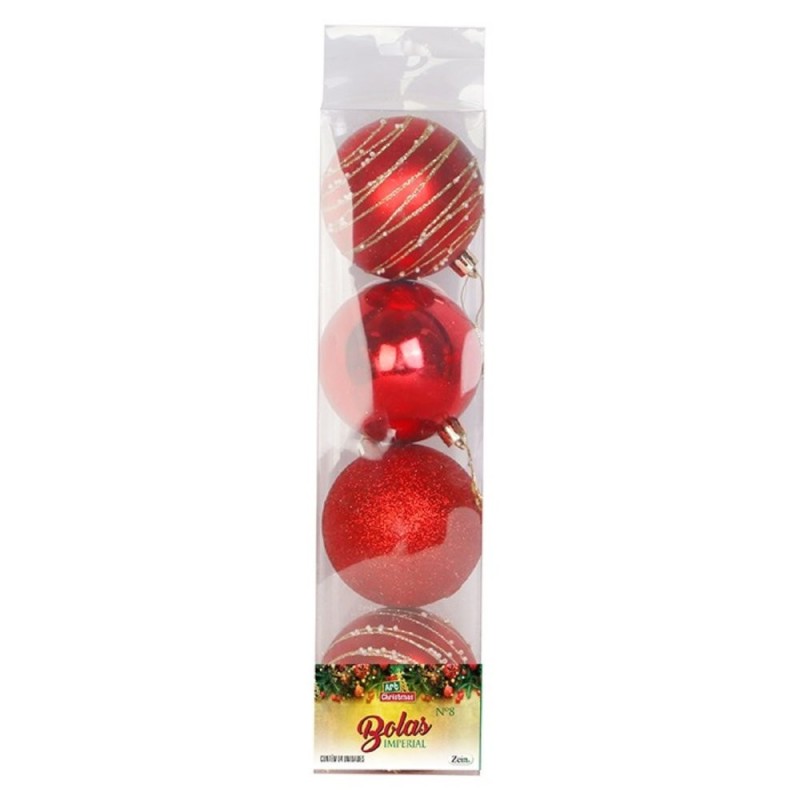 Kit 4 Bolas de Natal Nº 8 Vermelhas Lisa Glitter Decorada Enfeite