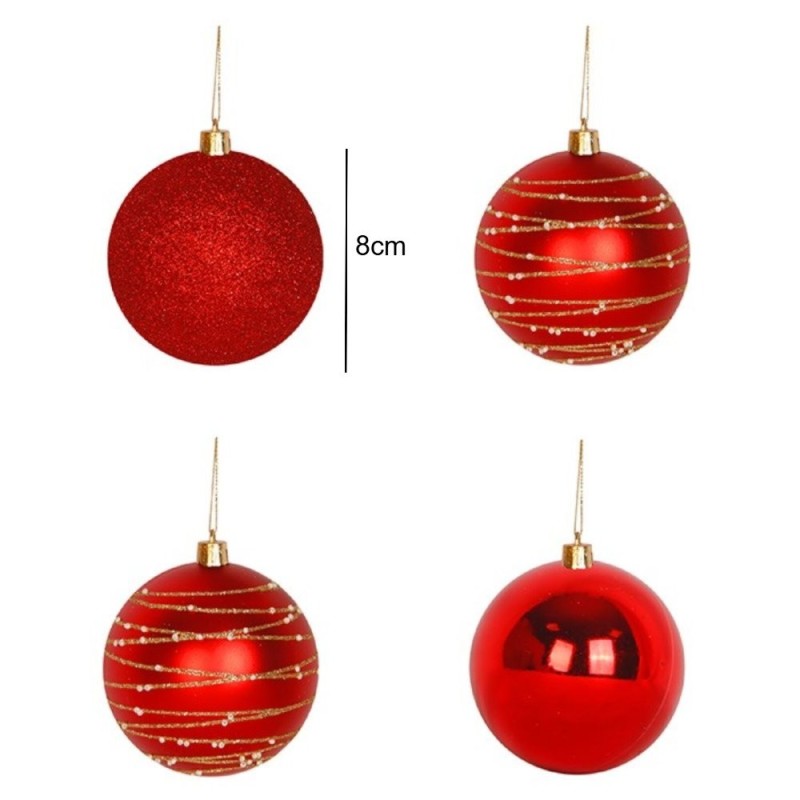 Kit 4 Bolas de Natal Nº 8 Vermelhas Lisa Glitter Decorada Enfeite