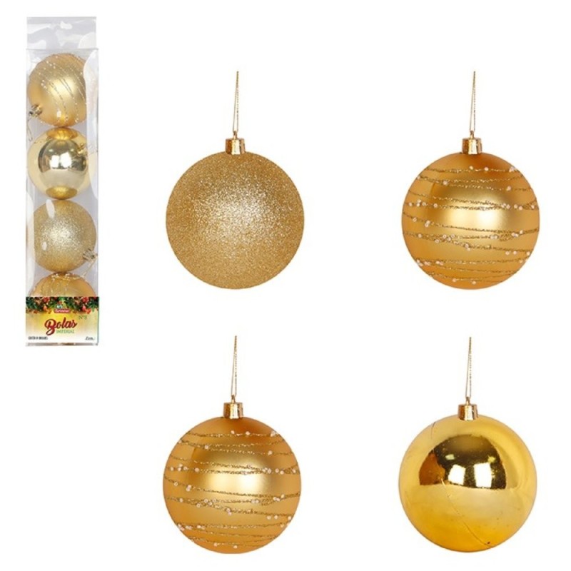 Kit 4 Bolas de Natal Nº 8 Douradas Lisa Glitter Decorada Enfeite