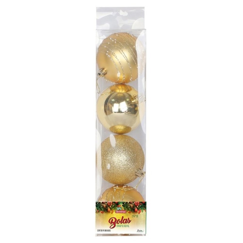 Kit 4 Bolas de Natal Nº 8 Douradas Lisa Glitter Decorada Enfeite