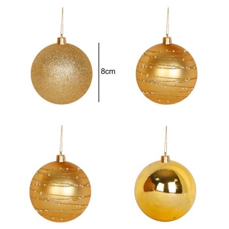 Kit 4 Bolas de Natal Nº 8 Douradas Lisa Glitter Decorada Enfeite