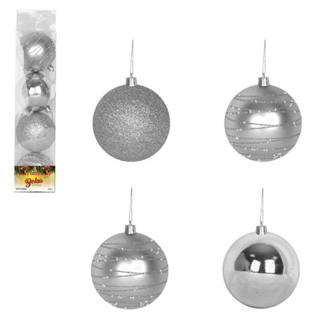 Kit 4 Bolas de Natal Nº 8 Prata Lisa Glitter Decorada Enfeite