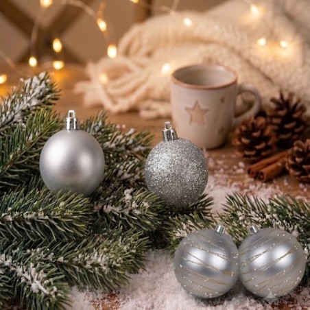 Kit 4 Bolas de Natal Nº 8 Prata Lisa Glitter Decorada Enfeite 2