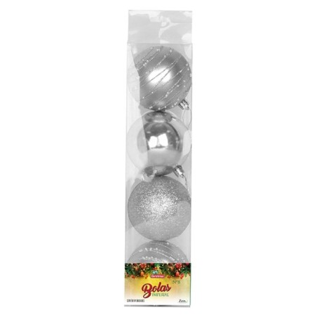 Kit 4 Bolas de Natal Nº 8 Prata Lisa Glitter Decorada Enfeite