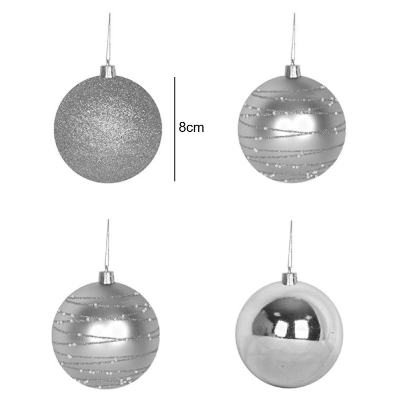 Kit 4 Bolas de Natal Nº 8 Prata Lisa Glitter Decorada Enfeite
