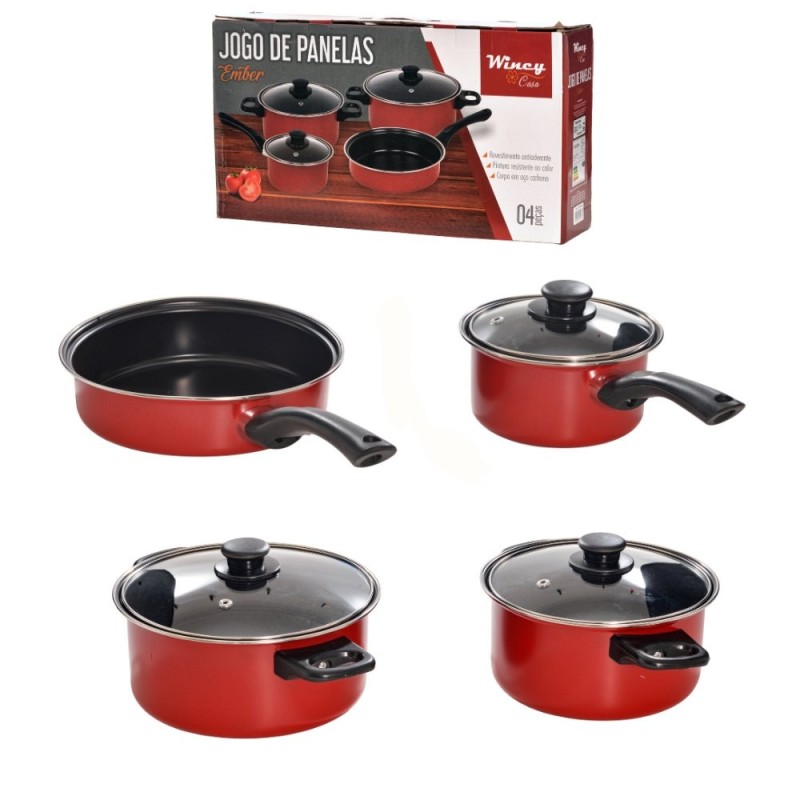 Jogo 4 Panelas Aço Inox Antiaderentes Vermelhas Com Tampa De Vidro