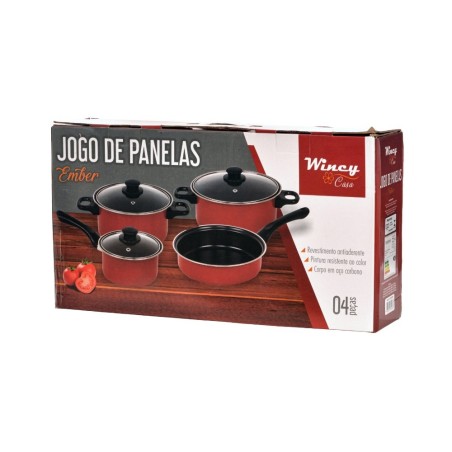 Jogo 4 Panelas Aço Inox Antiaderentes Vermelhas Com Tampa De Vidro