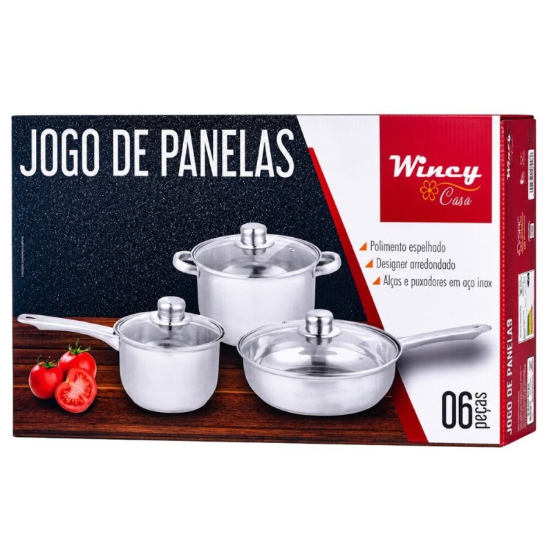 Jogo 3 Panelas Antiaderente Aço Inox Premium Escovado Com Tampa De Vidro