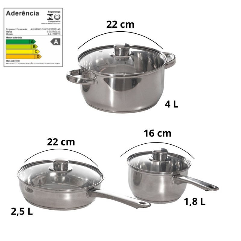 Jogo 3 Panelas Antiaderente Aço Inox Premium Escovado Com Tampa De Vidro
