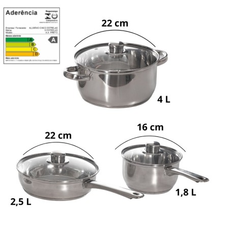 Jogo 3 Panelas Antiaderente Aço Inox Premium Escovado Com Tampa De Vidro