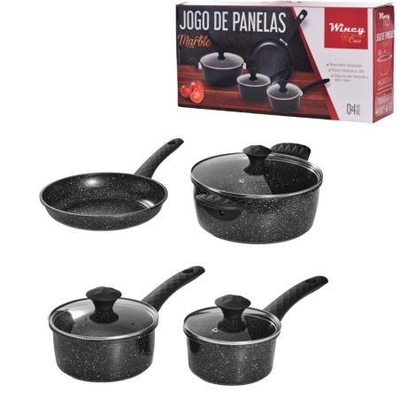 Jogo 4 Panelas Aço Inox Antiaderentes Pretas Com Tampa De Vidro