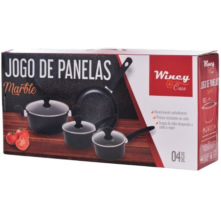 Jogo 4 Panelas Aço Inox Antiaderentes Pretas Com Tampa De Vidro