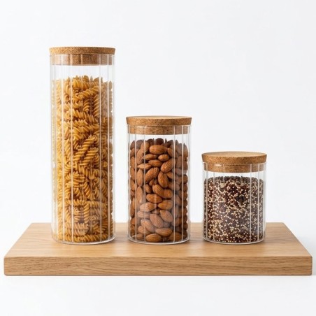 Kit 3 Porta Condimentos De Vidro Canelado Com Tampa De Cortiça Bambu