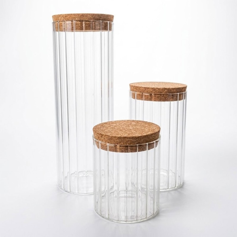 Kit 3 Porta Condimentos De Vidro Canelado Com Tampa De Cortiça Bambu