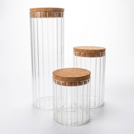 Kit 3 Porta Condimentos De Vidro Canelado Com Tampa De Cortiça Bambu