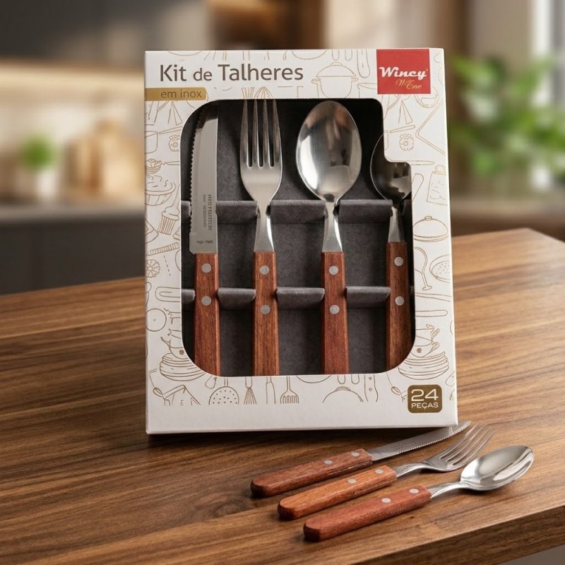 Conjunto De Talheres Faqueiro Em Aço Inox Cabo Em Madeira 24 Peças