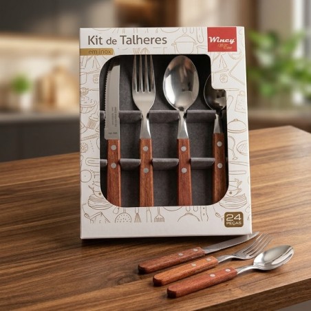 Conjunto De Talheres Faqueiro Em Aço Inox Cabo Em Madeira 24 Peças