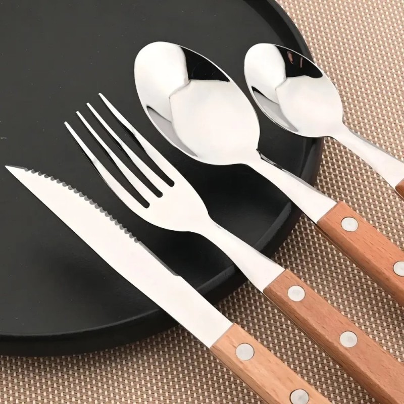 Conjunto De Talheres Faqueiro Em Aço Inox Cabo Em Madeira 24 Peças