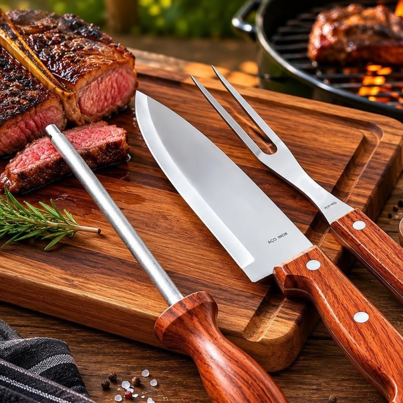 Kit Churrasco 3 Peças Faca Garfo e Chaira Em Aço Inox Cabo de Madeira