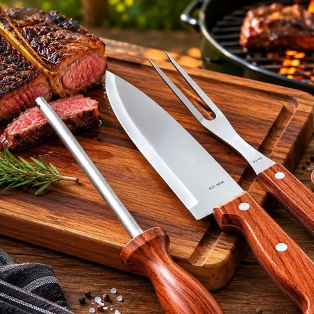 Kit Churrasco 3 Peças Faca Garfo e Chaira Em Aço Inox Cabo de Madeira