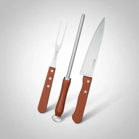 Kit Churrasco 3 Peças Faca Garfo e Chaira Em Aço Inox Cabo de Madeira