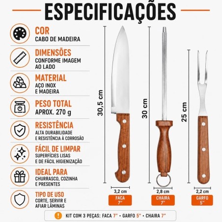 Kit Churrasco 3 Peças Faca Garfo e Chaira Em Aço Inox Cabo de Madeira