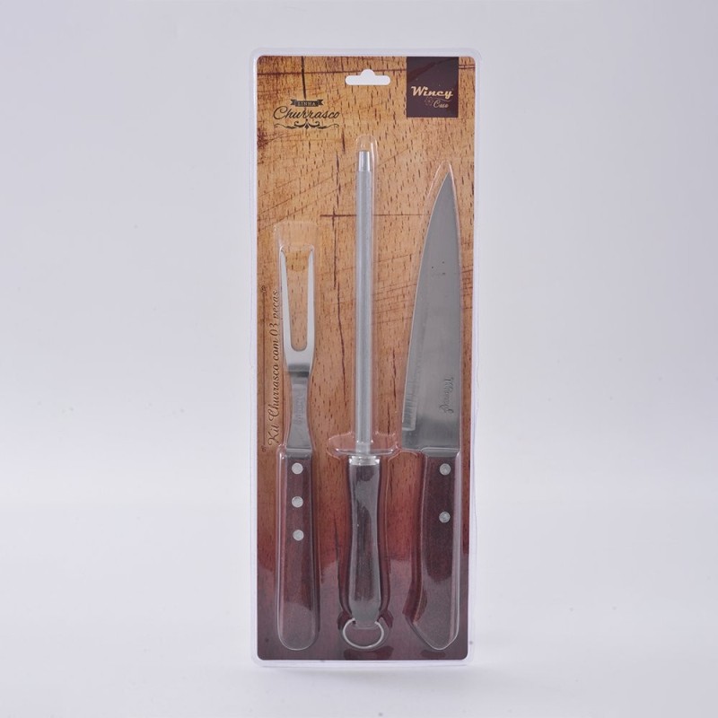 Kit Churrasco 3 Peças Faca Garfo e Chaira Em Aço Inox Cabo de Madeira