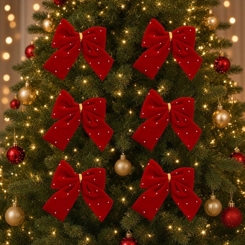 Kit 6 Laços Vermelhos De Veludo Com Pedrinhas Árvore De Natal