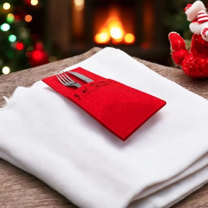 Porta Talheres De Mesa Decoração De Natal Em Feltro Vermelho