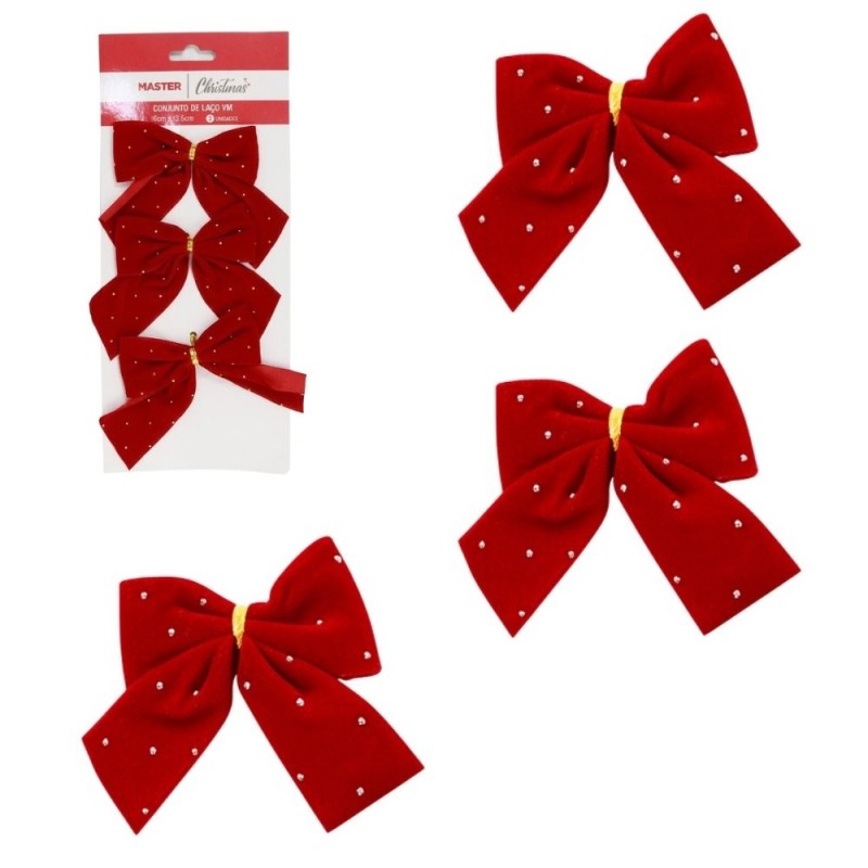 Kit 3 Laços Vermelhos De Veludo Pedrinhas Brilhantes Árvore De Natal