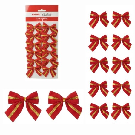 Kit 12 Laços Vermelhos Veludo Com Fita Dourada Árvore De Natal