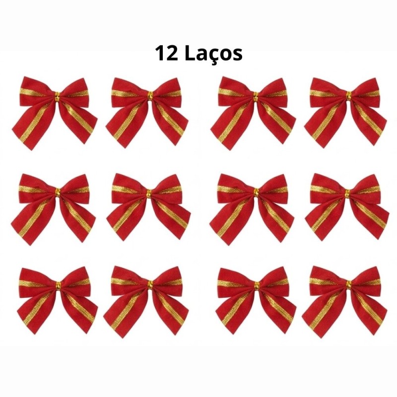 Kit 12 Laços Vermelhos Veludo Com Fita Dourada Árvore De Natal