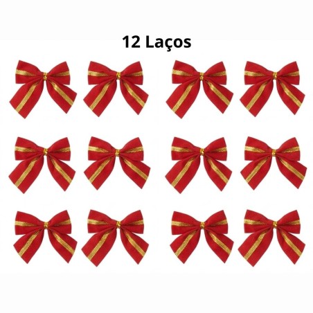 Kit 12 Laços Vermelhos Veludo Com Fita Dourada Árvore De Natal 2