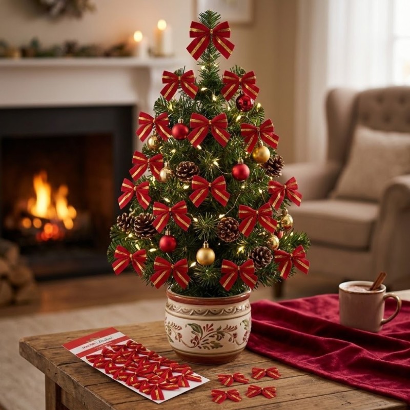 Kit 12 Laços Vermelhos Veludo Com Fita Dourada Árvore De Natal