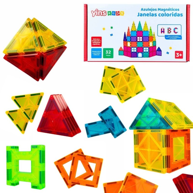 Kit Blocos De Montar Infantil Magnéticos Coloridos 32 Peças