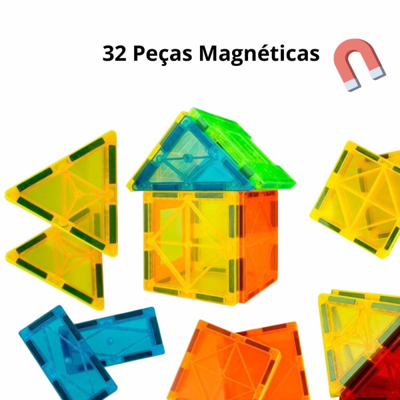 Kit Blocos De Montar Infantil Magnéticos Coloridos 32 Peças