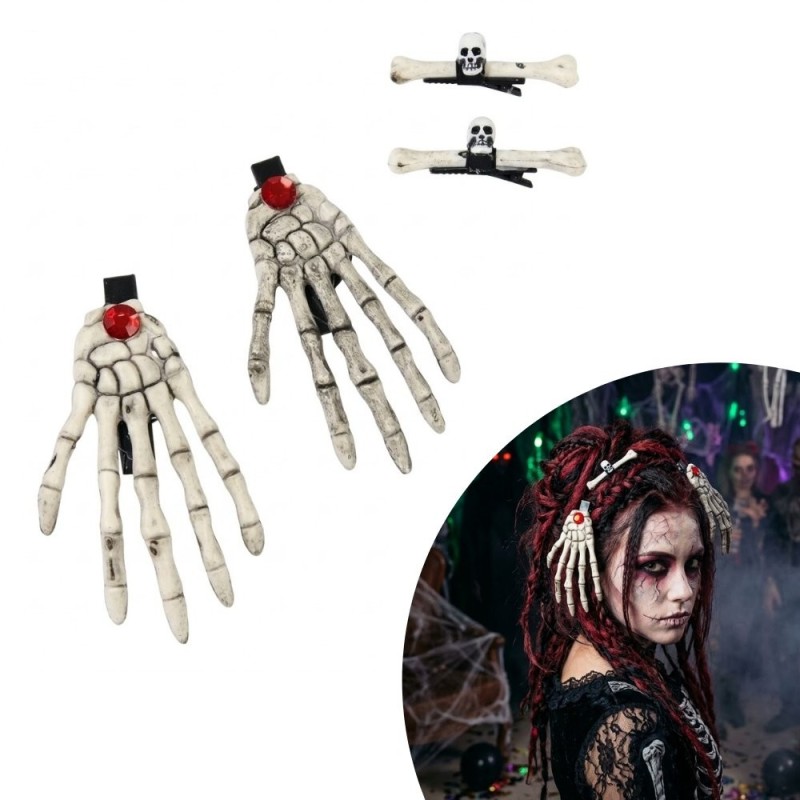 Kit 2 Presilhas De Cabelo Halloween Mão De Caveira Ossos