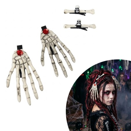 Kit 2 Presilhas De Cabelo Halloween Mão De Caveira Ossos