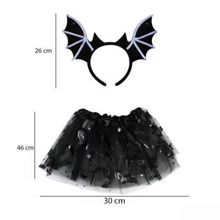Kit Fantasia Halloween Infantil Morcego Com Saia E Tiara