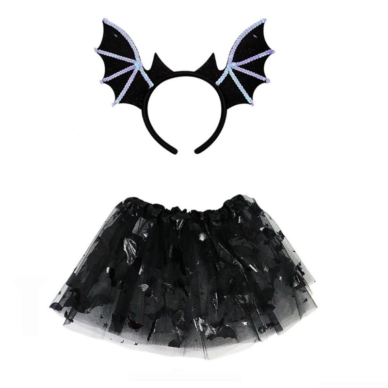 Kit Fantasia Halloween Infantil Morcego Com Saia E Tiara